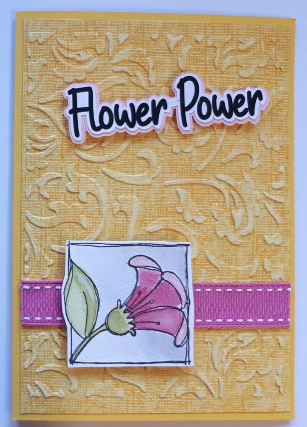 Handgemaakte wenskaart Flower Power geel-roze